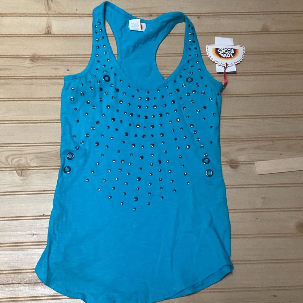 Love Rocks Silver Stud Metal Rivet Embellished T Racerback Tank Top Small Y2K